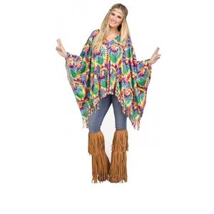 Hippie Costume Adult Tie-Dye Poncho 60s 70s Halloween Boho Dress Up